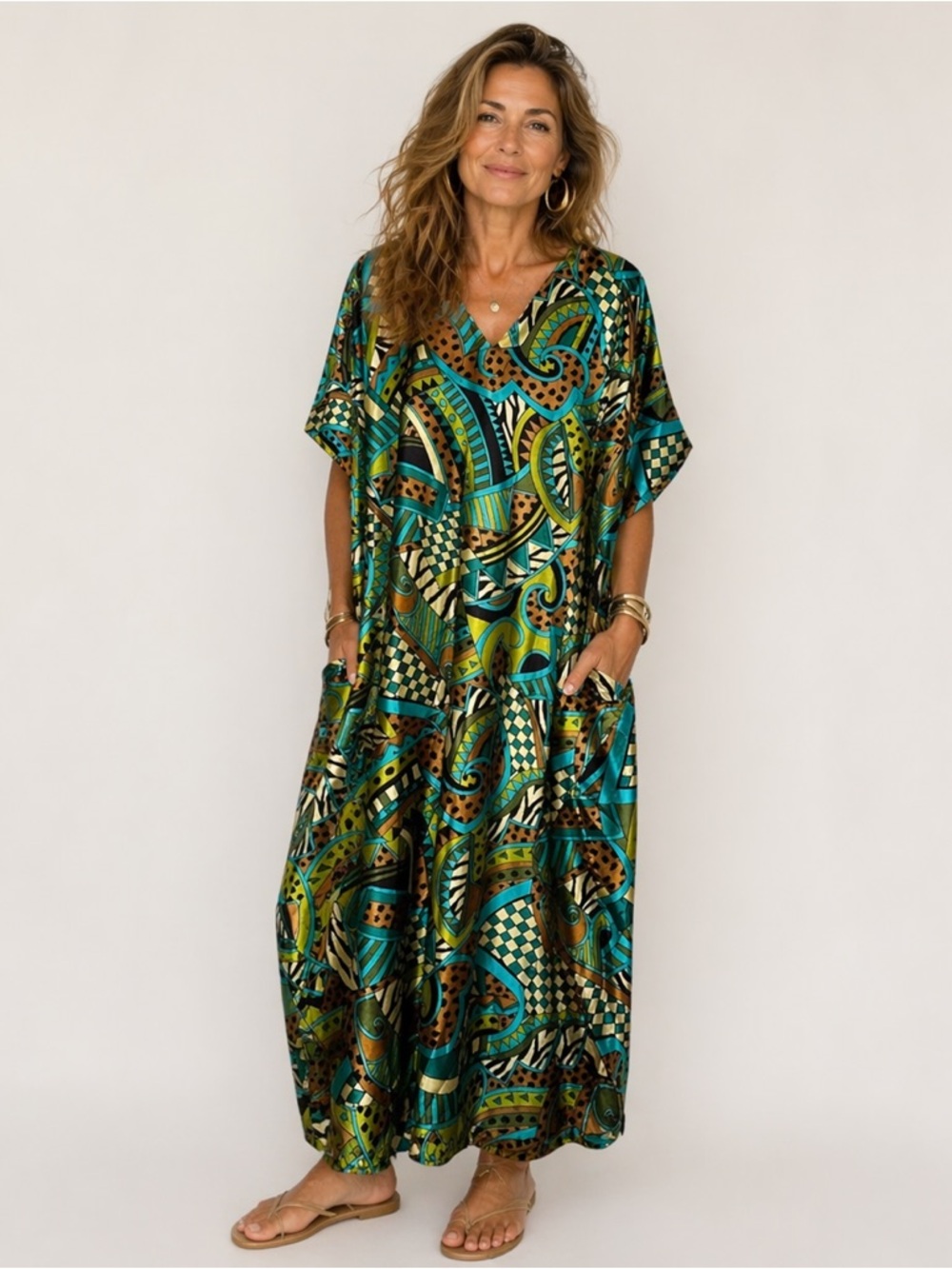 Winlar Vintage Abstract Caftan Dress | One Size Fits Most | Boho Maxi Lounge